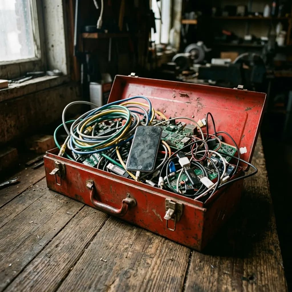 An old red toolbox overflowing with colorful ethernet cables and circuit boards