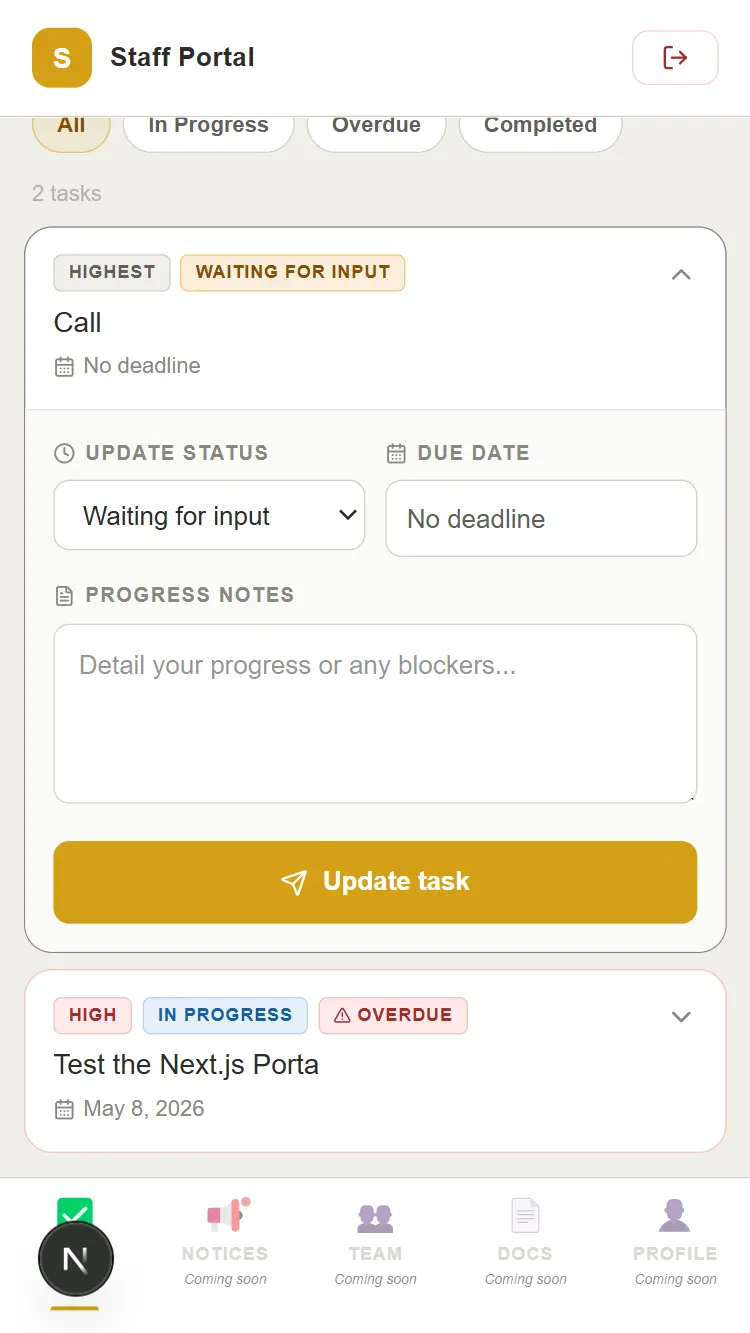 Staff portal mobile view