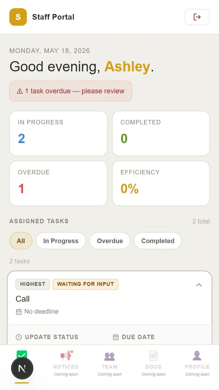 Mobile Staff Portal task screen with an overdue warning, task filters and status controls