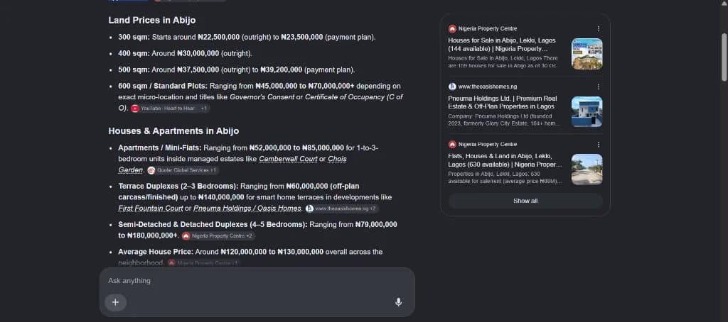 Google AI Overview citing Pneuma Holdings / Oasis Homes directly for terrace duplexes and estate developments in Abijo