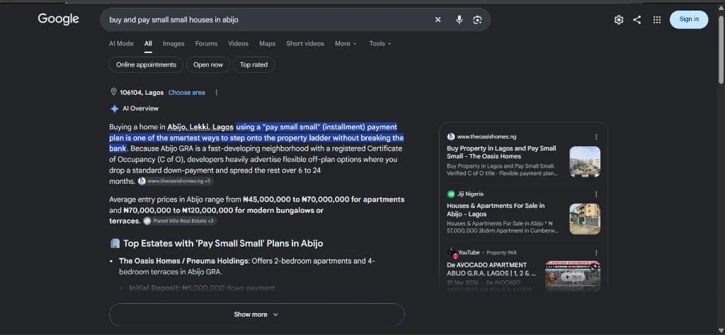 Google AI Overview citing The Oasis Homes / Pneuma Holdings as a top recommended estate for flexible installment plans