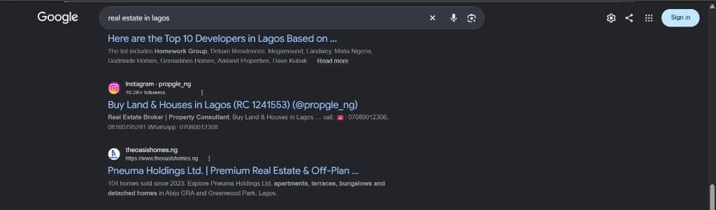 Google Search Page 1 result showing theoasishomes.ng ranking for 'real estate in lagos'
