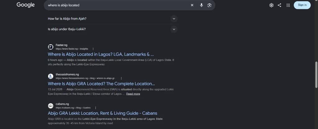 Google search result ranking #2 for 'where is abijo located' with theoasishomes.ng guide